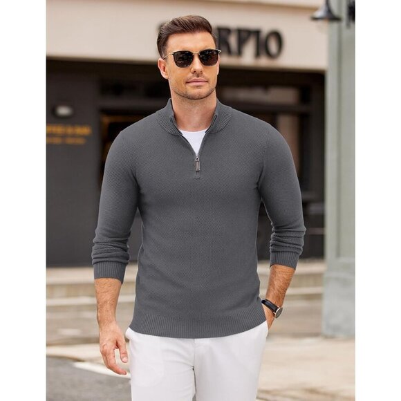 Men's Slim Fit Quarter Zip Pullover Sweater, Knit Mock Neck Polo Gray Sweater - Picture 2 of 6